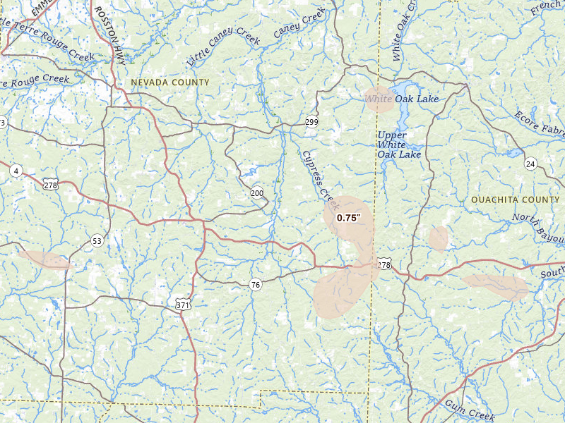 Radar-estimated hail-size map of the storm over Rosston, AR on Jul 4, 2026