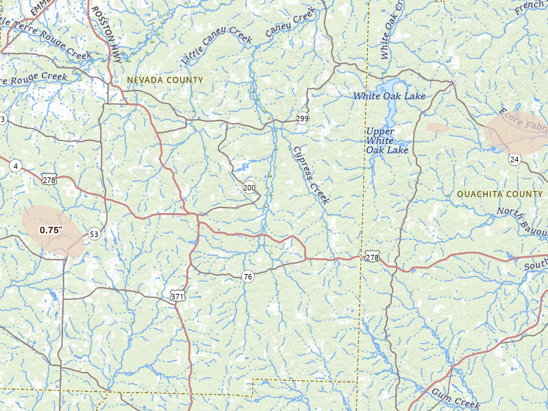 Radar-estimated hail-size map of the storm over Rosston, AR on Jul 6, 2026