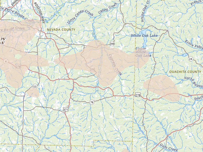 Radar-estimated hail-size map of the storm over Rosston, AR on Jul 12, 2026