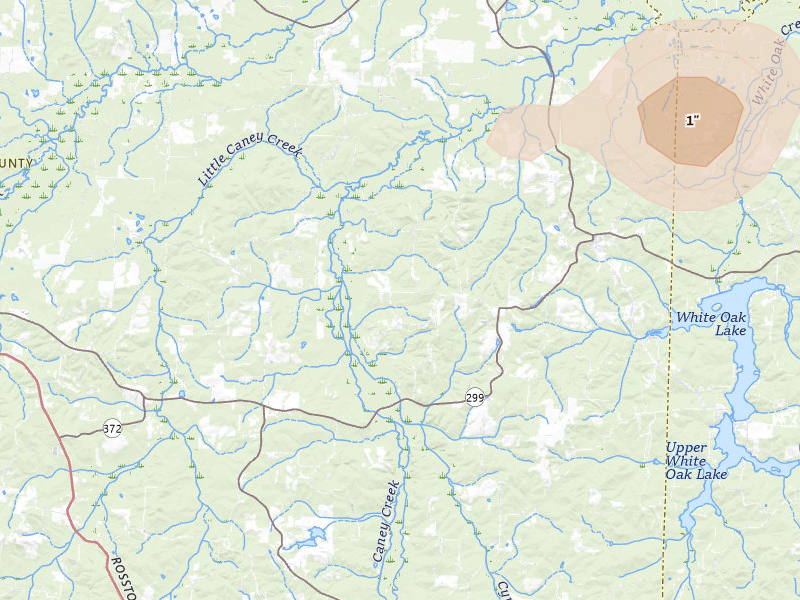 Radar-estimated hail-size map of the storm over Rosston, AR on Aug 9, 2026