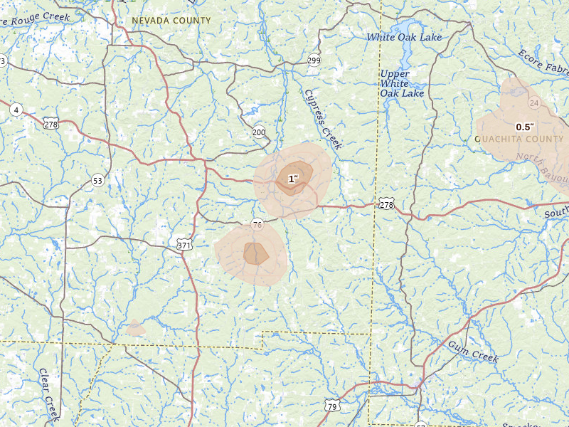 Radar-estimated hail-size map of the storm over Rosston, AR on Aug 20, 2026