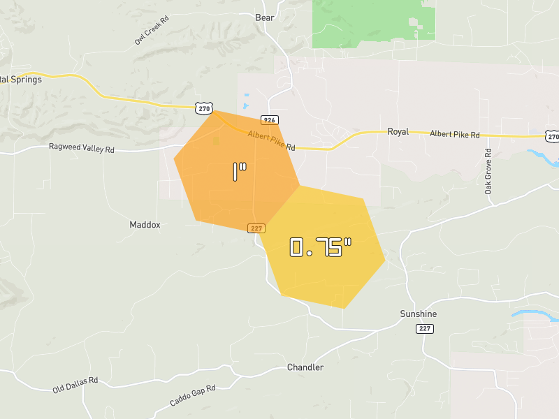 Hail map of Royal, AR on Jun 2, 2026, hail up to 1"