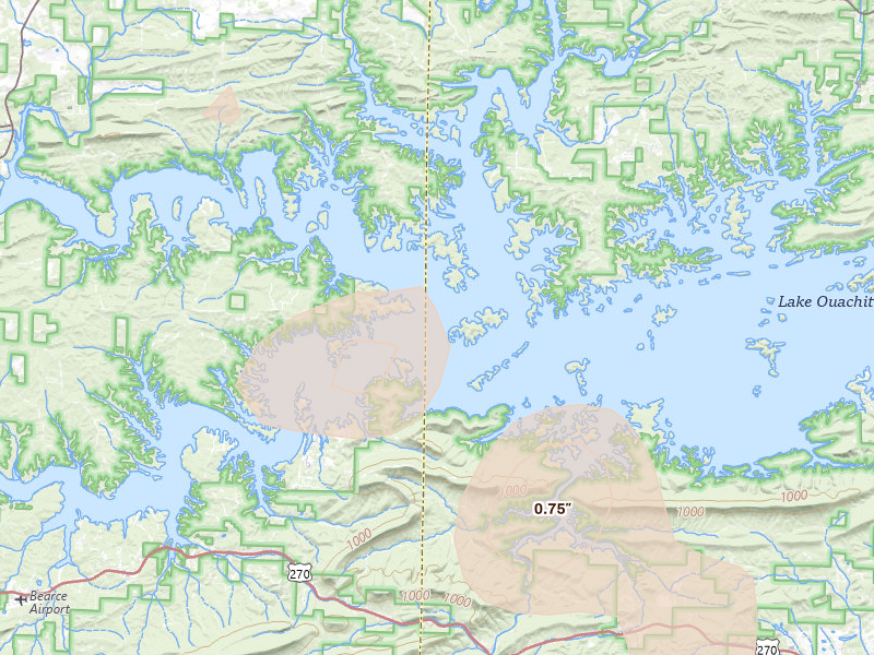 Radar-estimated hail-size map of the storm over Royal, AR on Jul 4, 2026