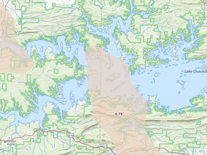 Radar-estimated hail-size map of the storm over Royal, AR on Jul 6, 2026