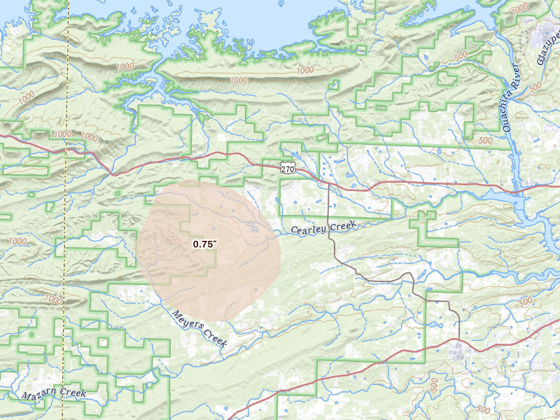 Radar-estimated hail-size map of the storm over Royal, AR on Aug 7, 2026