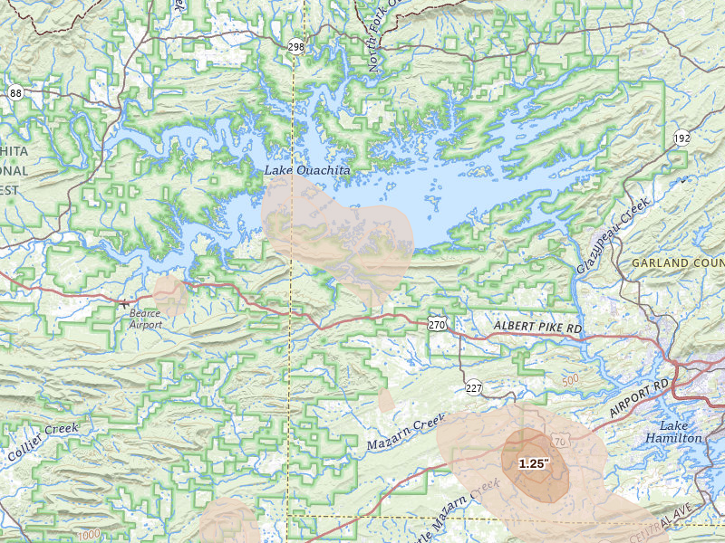 Radar-estimated hail-size map of the storm over Royal, AR on Aug 20, 2026