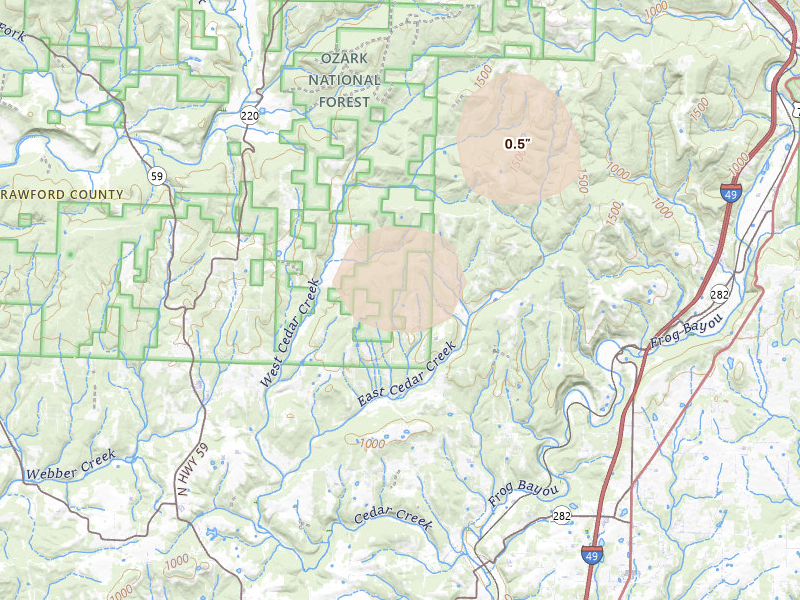 Radar-estimated hail-size map of the storm over Rudy, AR on Mar 4, 2026