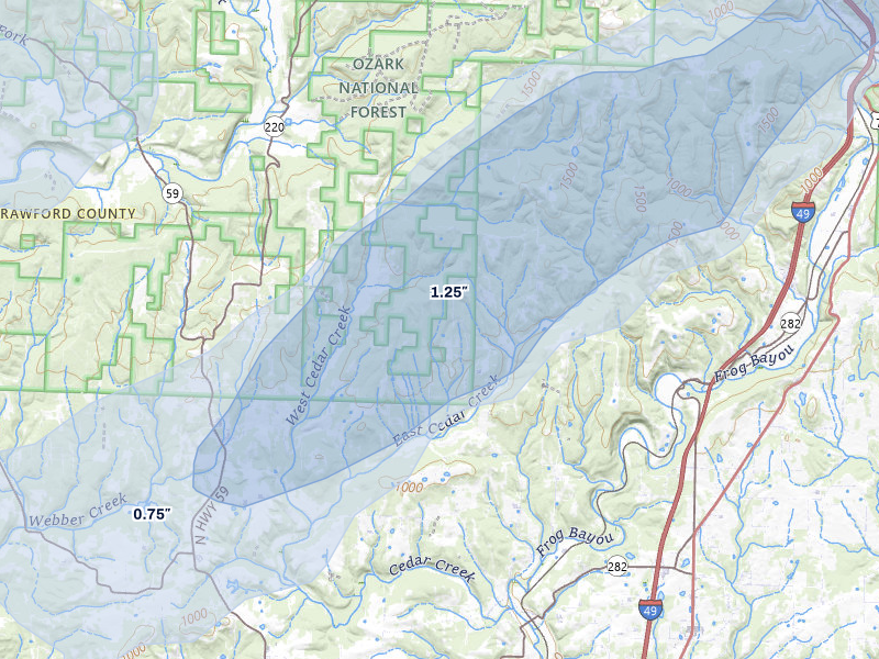 NEXRAD radar-signature map of the hail storm over Rudy, AR on Mar 4, 2026