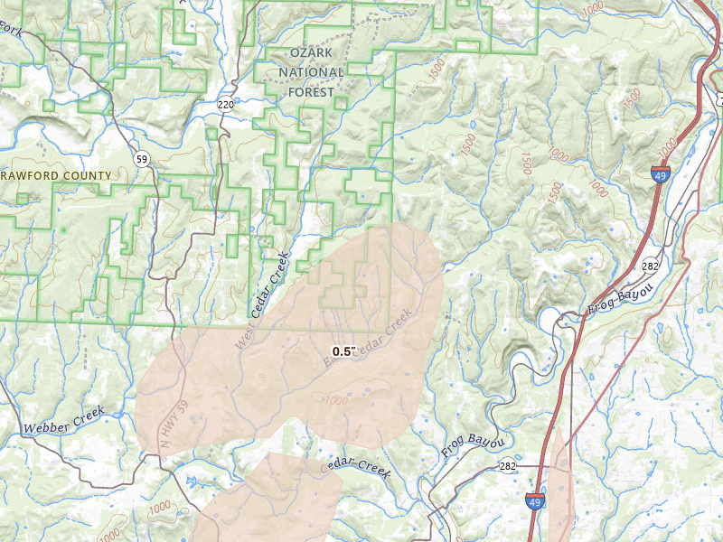 Radar-estimated hail-size map of the storm over Rudy, AR on Apr 23, 2026
