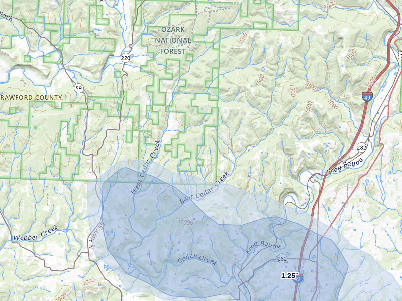 NEXRAD radar-signature map of the hail over Rudy, AR