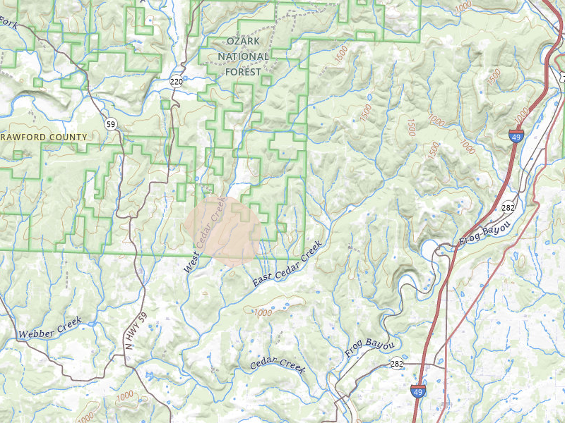 Radar-estimated hail-size map of the storm over Rudy, AR on Apr 28, 2026