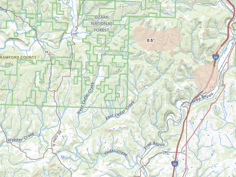 Radar-estimated hail-size map of the storm over Rudy, AR on Jun 2, 2026