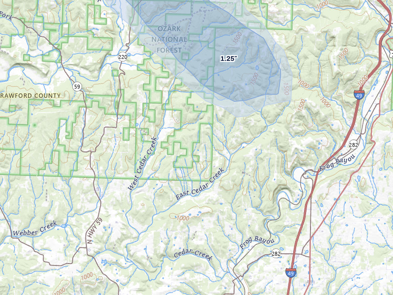 NEXRAD radar-signature map of the hail over Rudy, AR