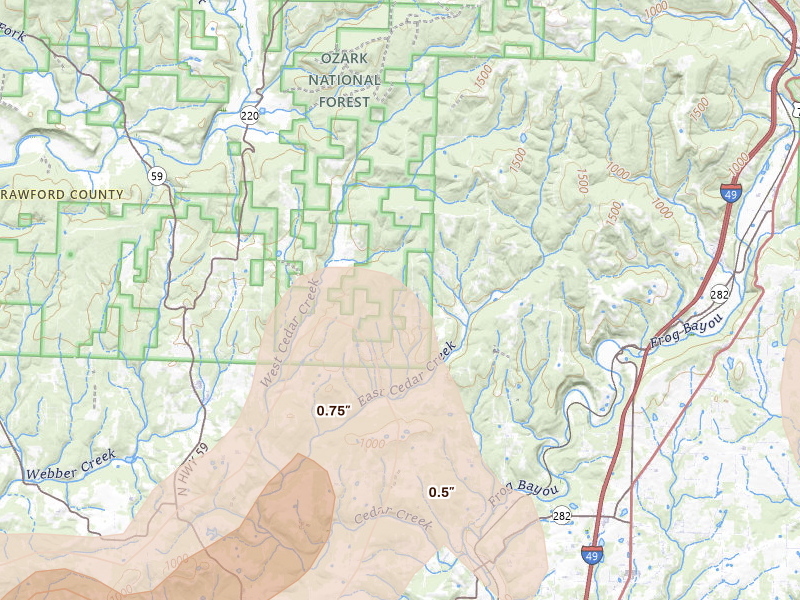 Radar-estimated hail-size map of the storm over Rudy, AR on Jul 6, 2026