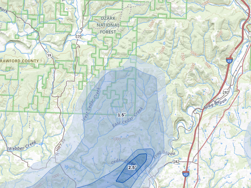 NEXRAD radar-signature map of the hail storm over Rudy, AR on Jul 6, 2026
