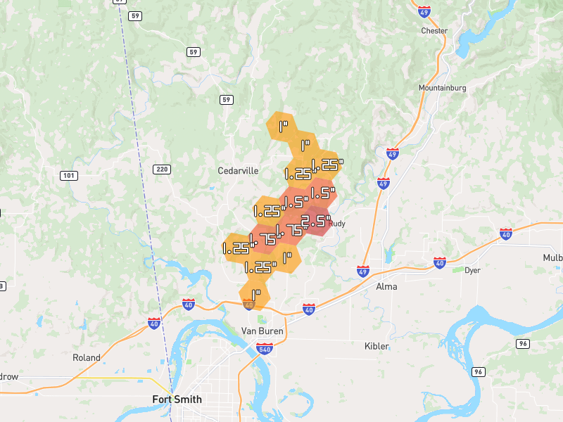 Hail map of Rudy, AR on Jul 6, 2026, hail up to 2.5"