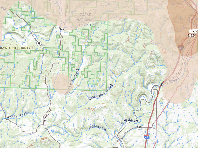 Radar-estimated hail-size map of the storm over Rudy, AR on Aug 17, 2026