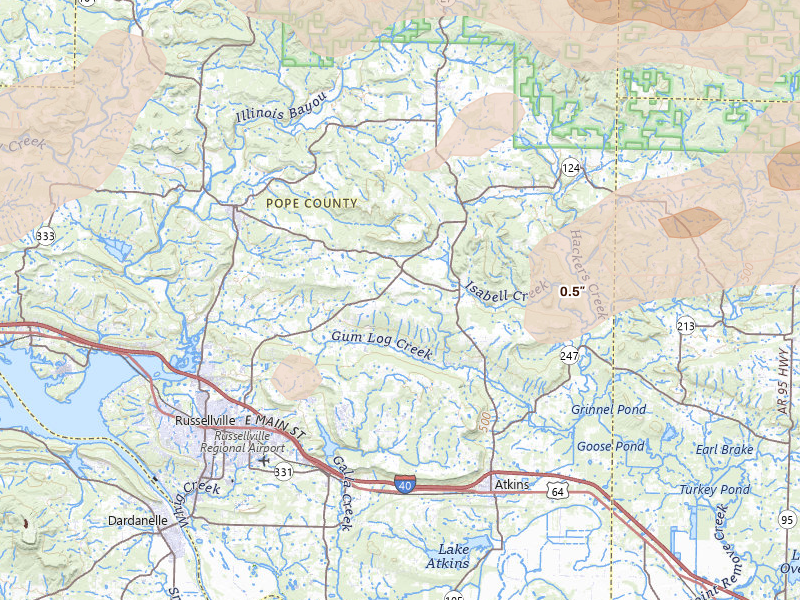 Radar-estimated hail-size map of the storm over Russellville, AR on Apr 28, 2026
