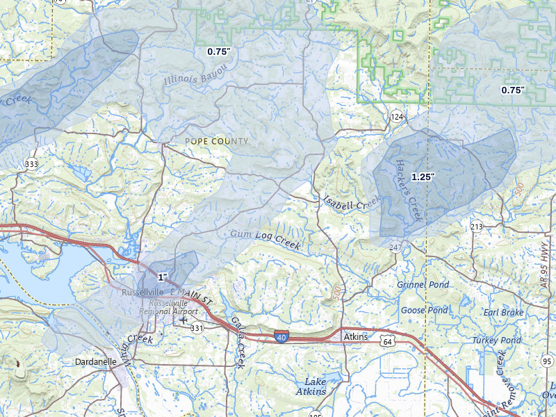 NEXRAD radar-signature map of the hail over Russellville, AR