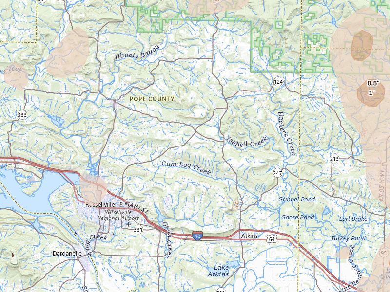 Radar-estimated hail-size map of the storm over Russellville, AR on Jul 4, 2026