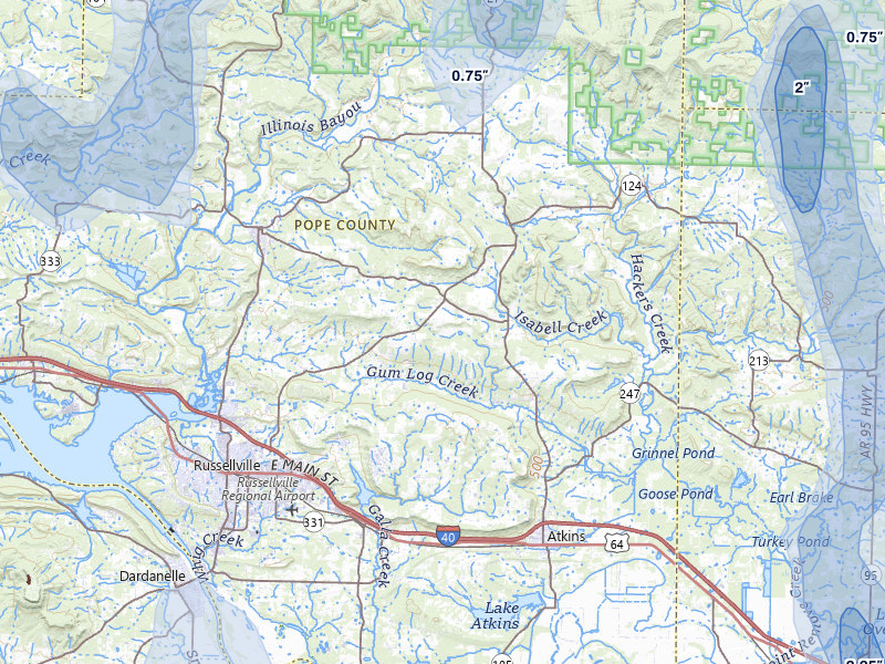 NEXRAD radar-signature map of the hail over Russellville, AR