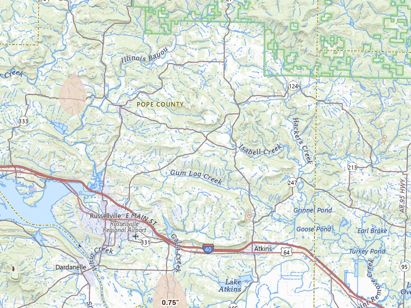 Radar-estimated hail-size map of the storm over Russellville, AR on Jul 29, 2026
