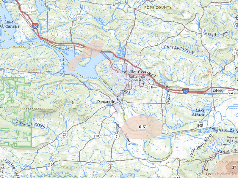 Radar-estimated hail-size map of the storm over Russellville, AR on Aug 7, 2026