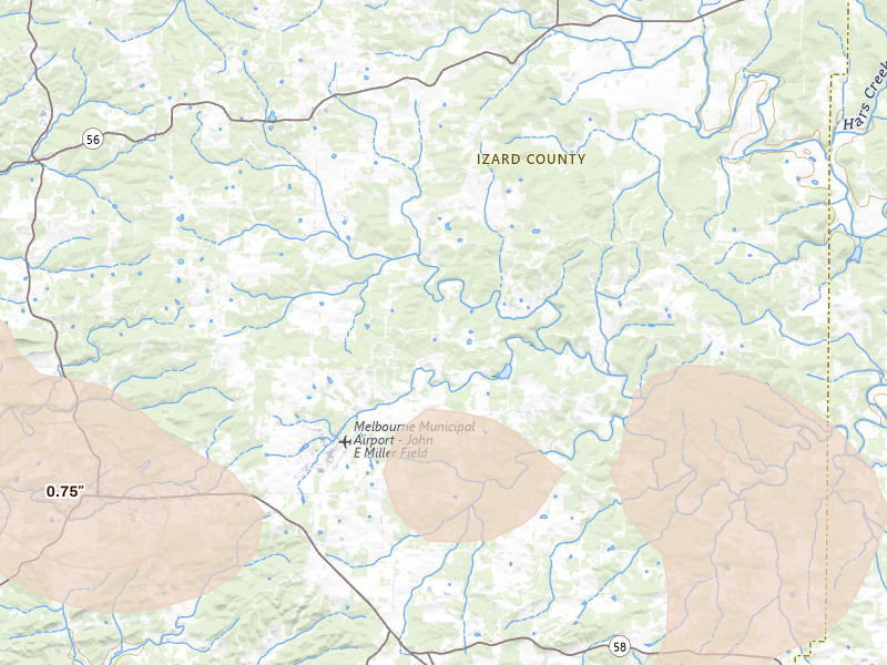 Radar-estimated hail-size map of the storm over Sage, AR on Jul 11, 2026