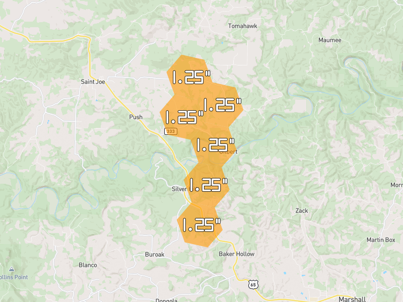 Hail map of Saint Joe, AR on Jun 1, 2026, hail up to 1.25"