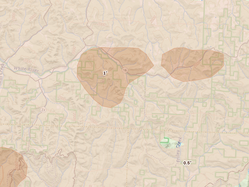 Radar-estimated hail-size map of the storm over Saint Paul, AR on Apr 28, 2026