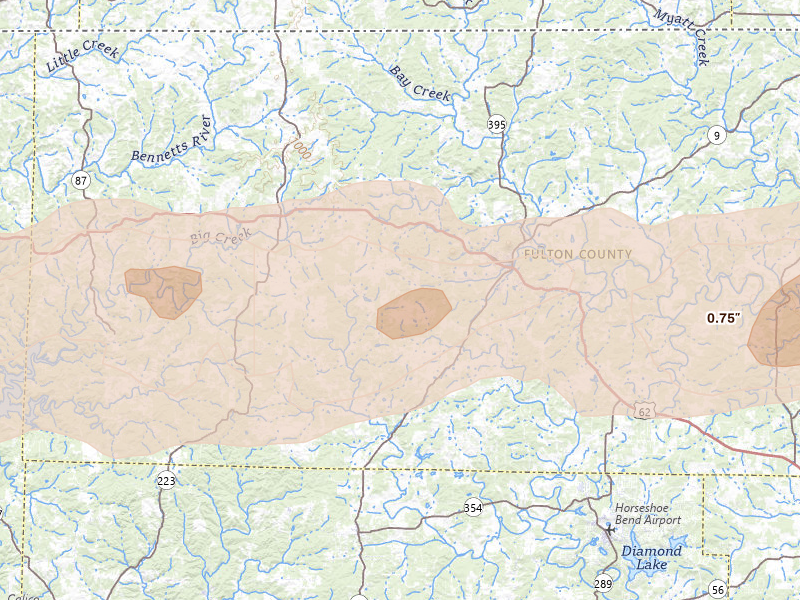 Radar-estimated hail-size map of the storm over Salem, AR on Mar 4, 2026