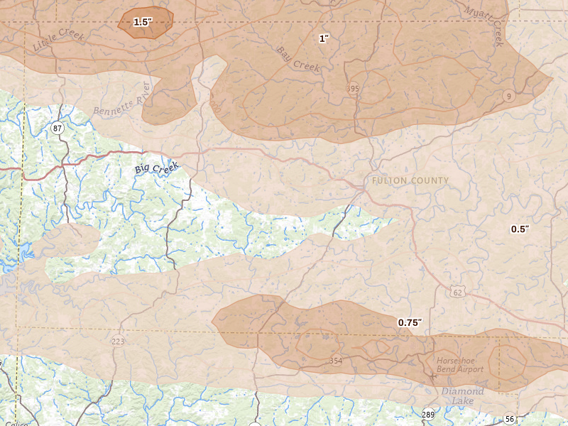 Radar-estimated hail-size map of the storm over Salem, AR on Apr 27, 2026