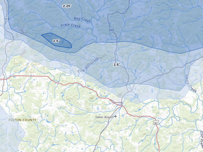 NEXRAD radar-signature map of the hail storm over Salem, AR on Apr 27, 2026