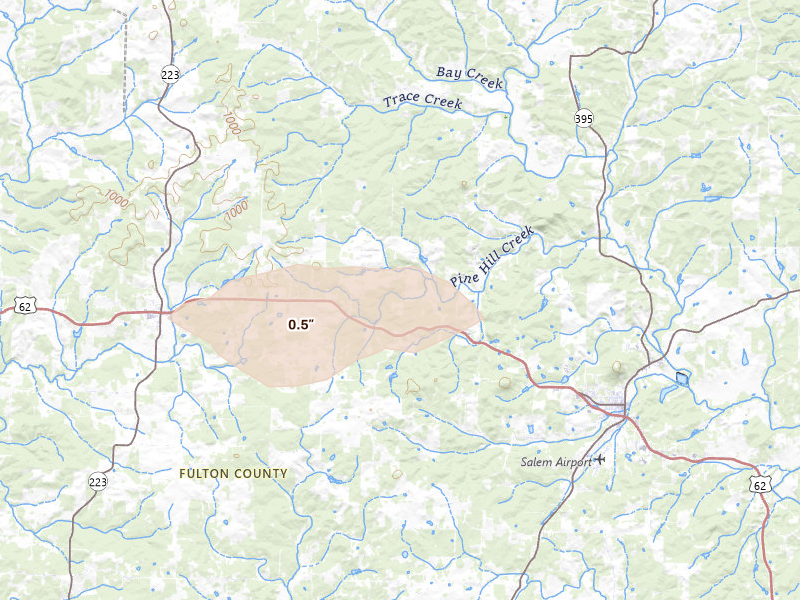 Radar-estimated hail-size map of the storm over Salem, AR on Aug 19, 2026