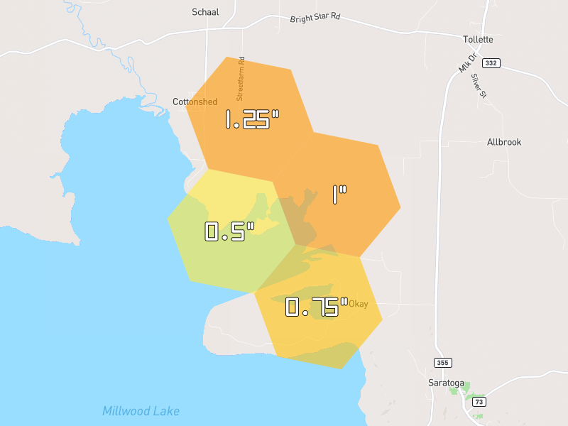 Hail map of Saratoga, AR on Jun 2, 2026, hail up to 1.25"