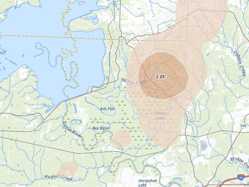 Radar-estimated hail-size map of the storm over Saratoga, AR on Jul 12, 2026