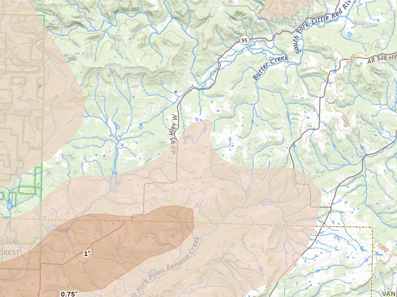 Radar-estimated hail-size map of the storm over Scotland, AR on Apr 28, 2026