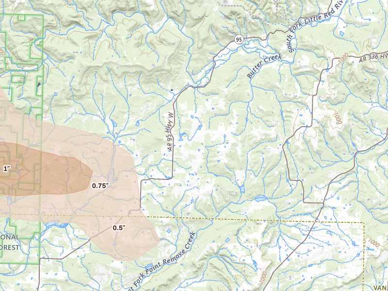 Radar-estimated hail-size map of the storm over Scotland, AR on May 10, 2026