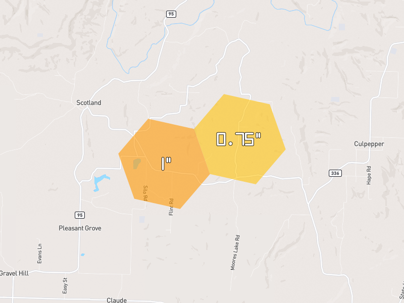 Hail map of Scotland, AR on Jun 1, 2026, hail up to 1"