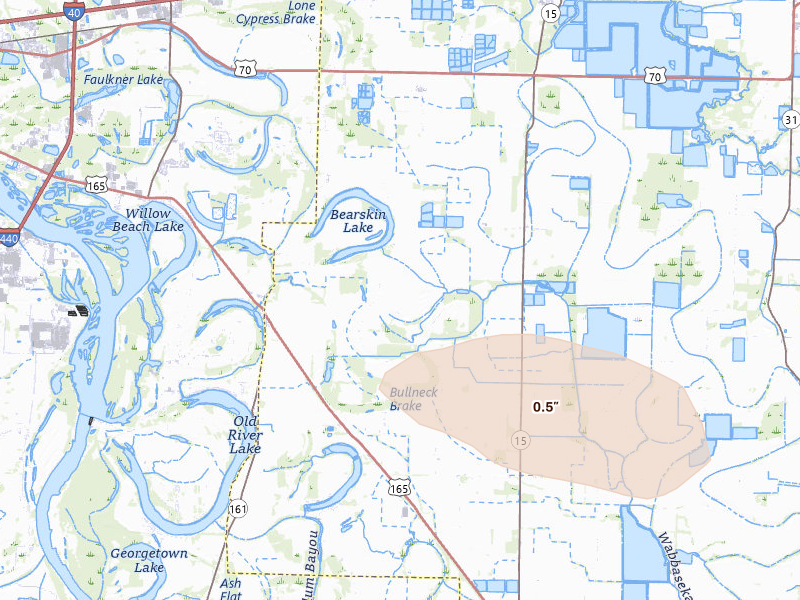 Radar-estimated hail-size map of the storm over Scott, AR on May 10, 2026