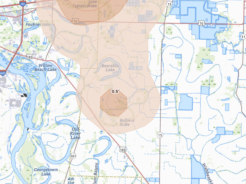 Radar-estimated hail-size map of the storm over Scott, AR on May 31, 2026