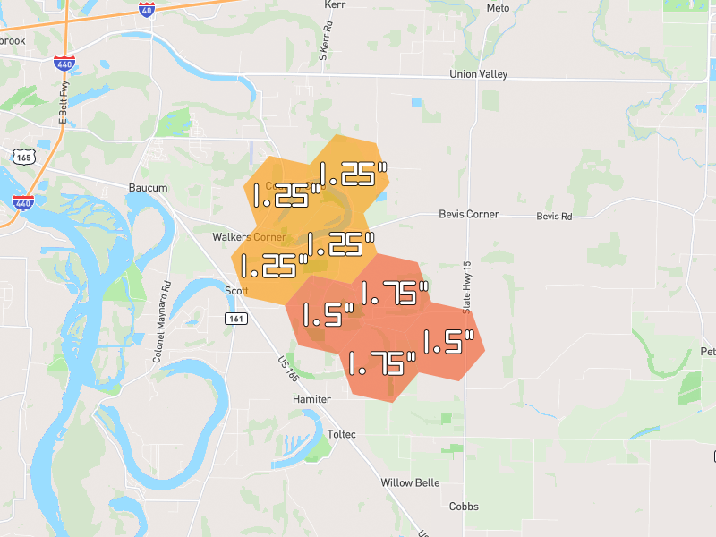 Hail map of Scott, AR on Jun 1, 2026, hail up to 1.75"