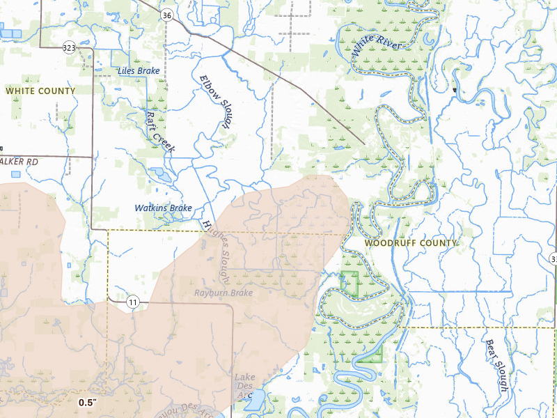 Radar-estimated hail-size map of the storm over Searcy, AR on Apr 28, 2026