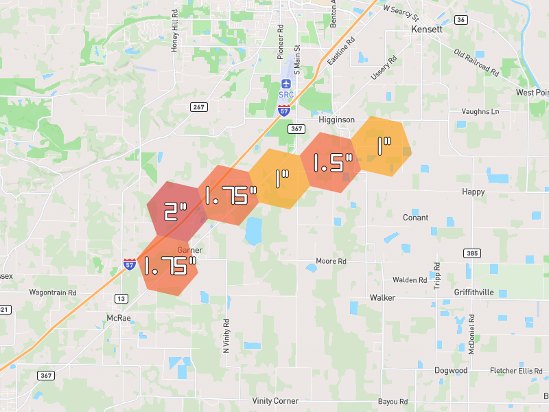 Hail map of Searcy, AR on Jun 1, 2026, hail up to 2"