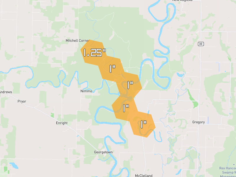 Hail map of Searcy, AR on Jun 2, 2026, hail up to 1.25"