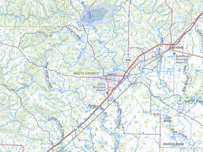 NEXRAD radar-signature map of the hail storm over Searcy, AR on Jul 7, 2026