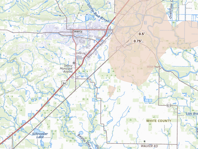 Radar-estimated hail-size map of the storm over Searcy, AR on Aug 17, 2026