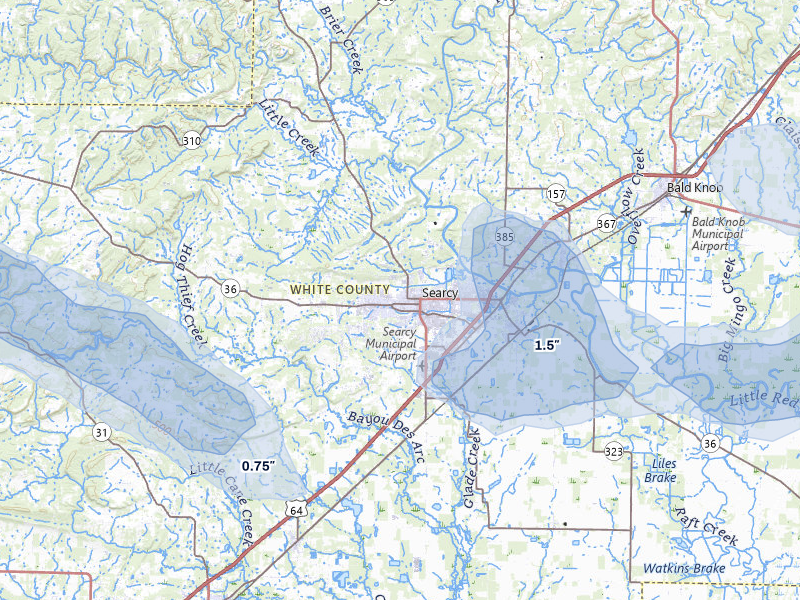 NEXRAD radar-signature map of the hail storm over Searcy, AR on Aug 17, 2026