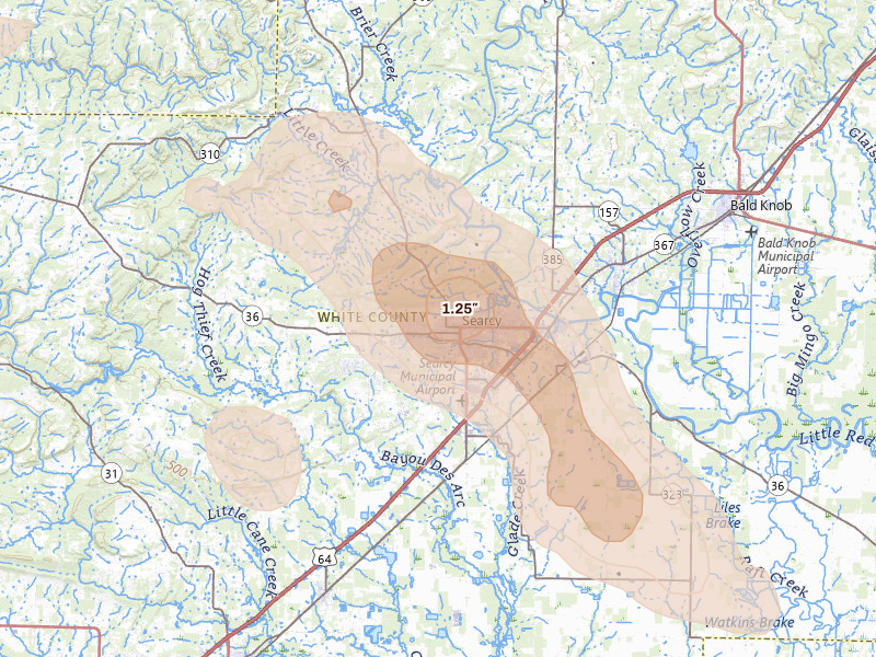 Radar-estimated hail-size map of the storm over Searcy, AR on Aug 22, 2026