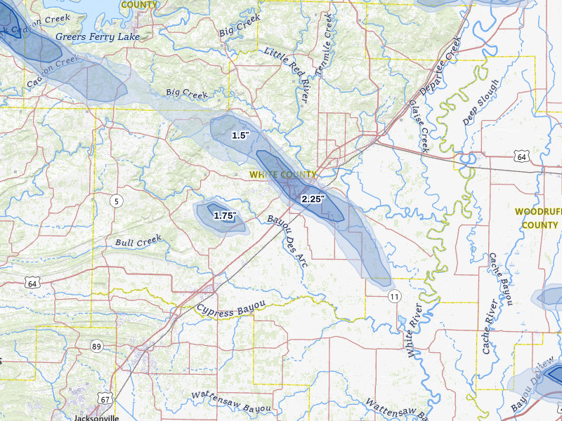 NEXRAD radar-signature map of the hail storm over Searcy, AR on Aug 22, 2026